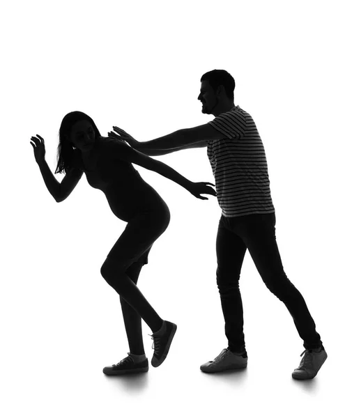 Silhouette Man Beating His Pregnant Wife White Background Domestic Violence — Stock Photo, Image