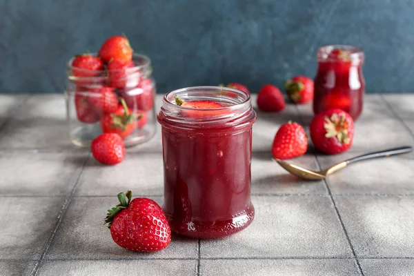 Jar Sweet Strawberry Jam Table — Stock Photo, Image