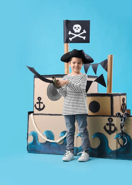 Cute Little Pirate Sword Cardboard Ship Blue Background — Stock Photo, Image