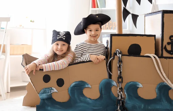 Cute Little Pirates Playing Cardboard Ship Home — Stock Photo, Image