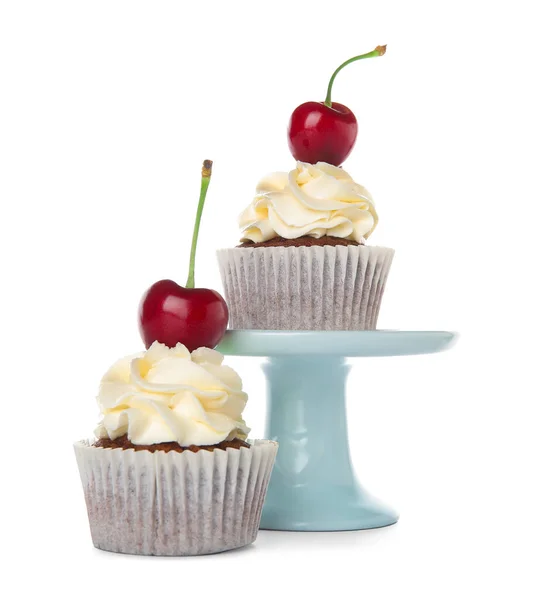 Stand Tasty Cherry Cupcakes White Background — Stock Photo, Image