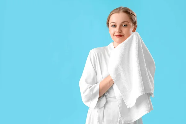 Pretty Young Woman Soft Towel Blue Background — Stock Photo, Image