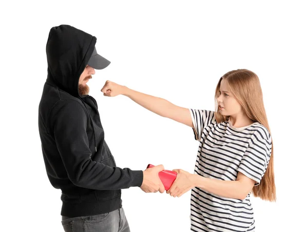 Robber Trying Steal Wallet Young Woman White Background Concept Self — Stock Photo, Image