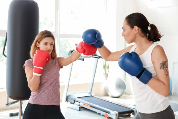 Young Women Boxing Gloves Fighting Gym Concept Self Defense — Stock Photo, Image