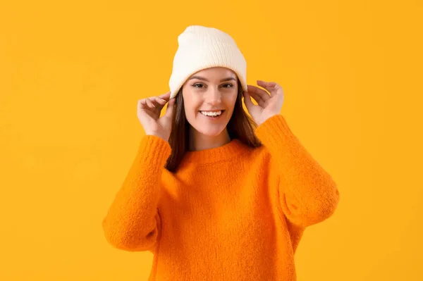 Young Woman Winter Clothes Yellow Background — Stok fotoğraf