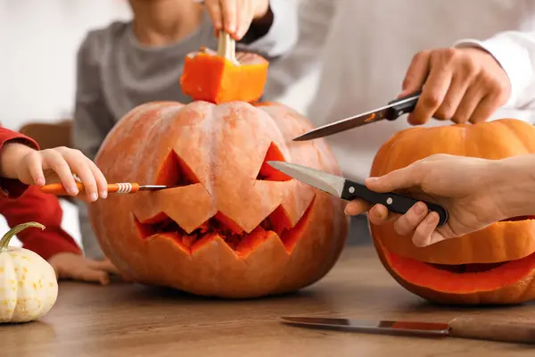 Happy Family Carving Halloween Pumpkin Kitchen Closeup — Stock Photo, Image