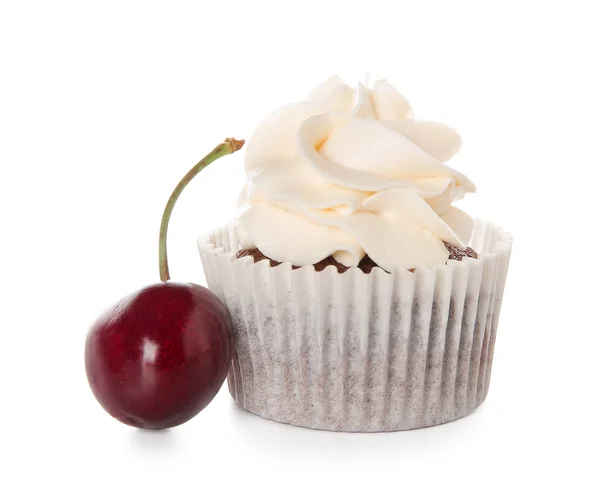 Gustoso Cupcake Con Ciliegia Sfondo Bianco — Foto Stock