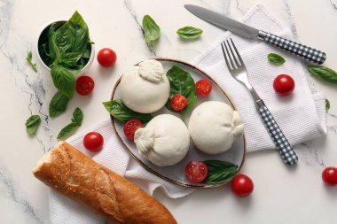 Beyaz arka planda fesleğenli ve domatesli bir tabak lezzetli Burrata peyniri.