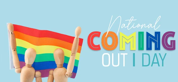 stock image Banner for National Coming Out Day with mannequins and rainbow flag