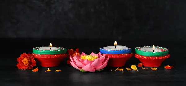 Glowing Candles Flowers Indian Holiday Diwali Festival Lights Dark Background — Stock Photo, Image