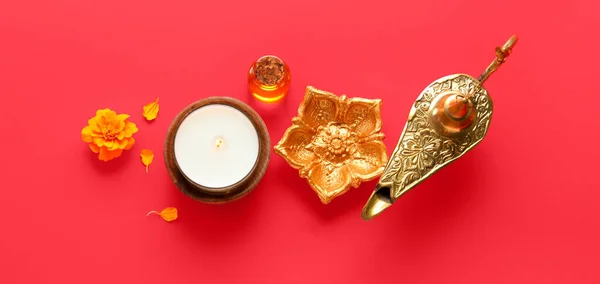 Lampe Mit Kerze Und Auf Rotem Hintergrund Indischer Feiertag Diwali — Stockfoto