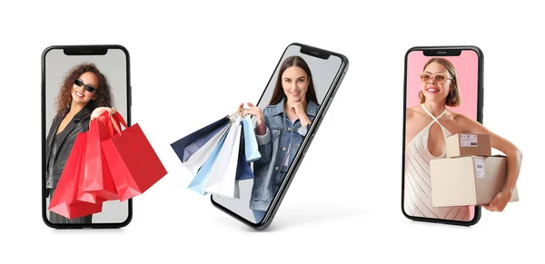 Kolaż Smartfonami Młodymi Kobietami Trzymającymi Paczki Torby Zakupy Białym Tle — Zdjęcie stockowe