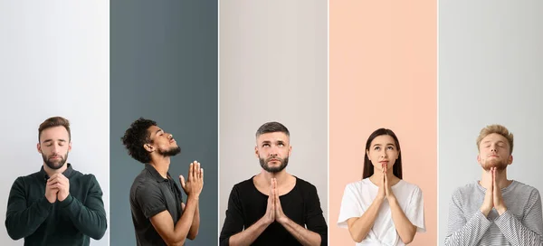 Set Praying People Color Background — Stock Photo, Image