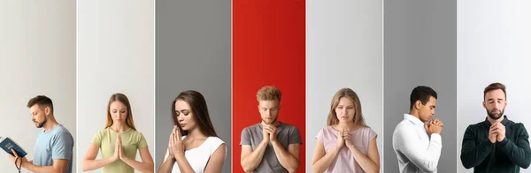 Σύνολο Πολλών Προσευχόμενων Ανθρώπων Στο Φόντο Χρώμα — Φωτογραφία Αρχείου