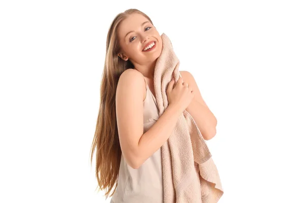 Pretty Young Woman Towel White Background — Stock Photo, Image