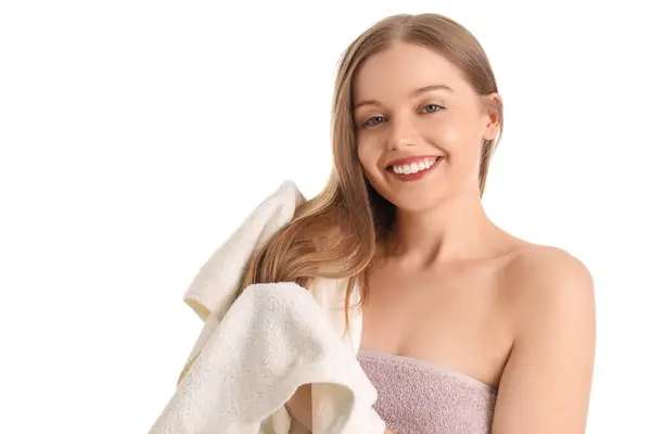 Pretty Young Woman Wiping Hair Shower White Background — Stock Photo, Image