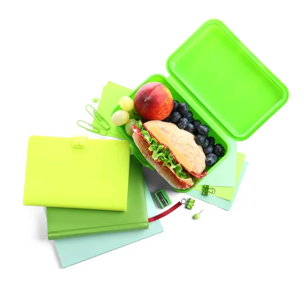 Lunchbox Met Heerlijk Eten Briefpapier Geïsoleerd Witte Achtergrond — Stockfoto