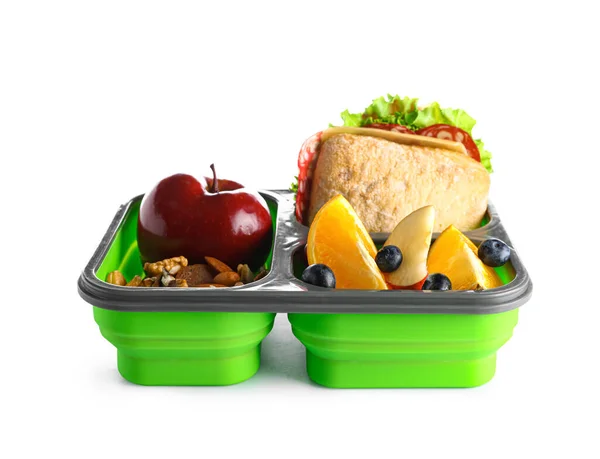 Lunchlåda Med Läcker Mat Isolerad Vit Bakgrund — Stockfoto