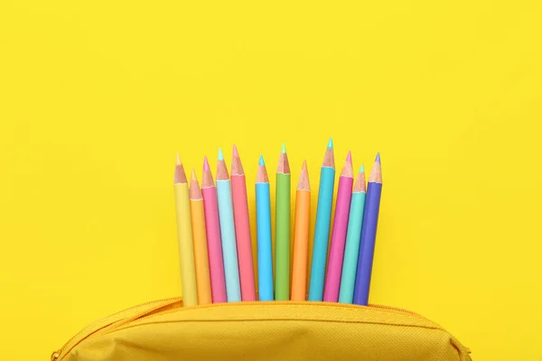 Case Colorful Pencils Yellow Background Closeup — Foto de Stock