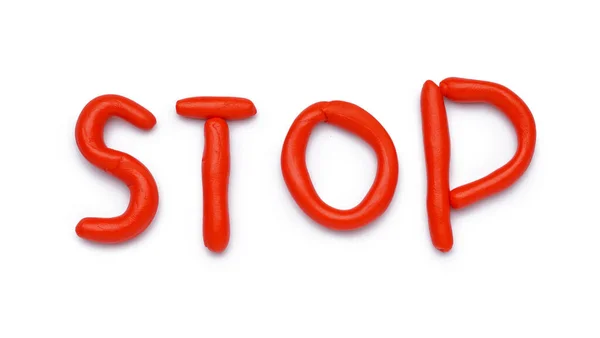 Κόκκινη Λέξη Stop Από Ζύμη Παιχνιδιού Λευκό Φόντο — Φωτογραφία Αρχείου