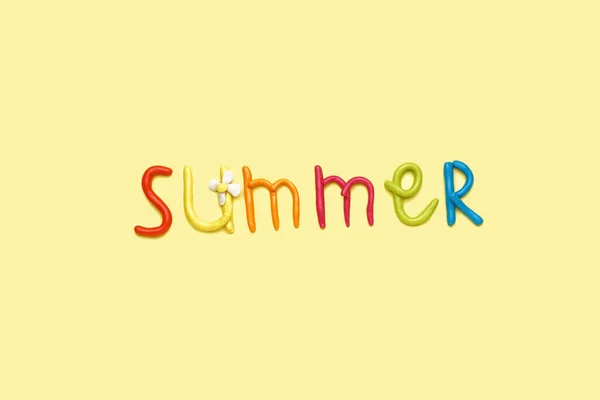Word Summer Made Play Dough Yellow Background — Stock Photo, Image