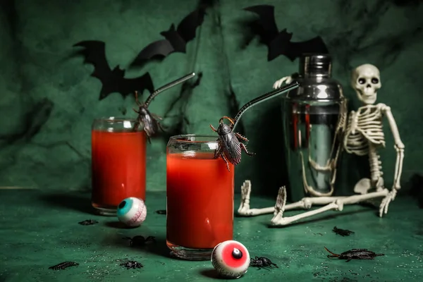 Glasses Delicious Bloody Mary Cocktail Halloween Insects Skeleton Tasty Candies — Stock Photo, Image