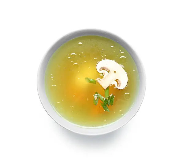 Bowl Tasty Vegetable Broth Mushrooms White Background — Stock Photo, Image