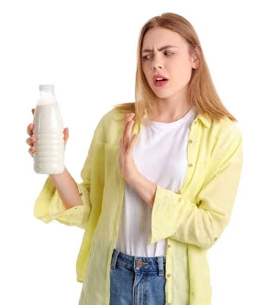 Młoda Kobieta Nietolerancją Laktozy Białym Tle — Zdjęcie stockowe