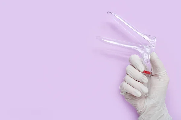 Hand Medical Glove Gynecological Speculum Lilac Background — Stock Photo, Image