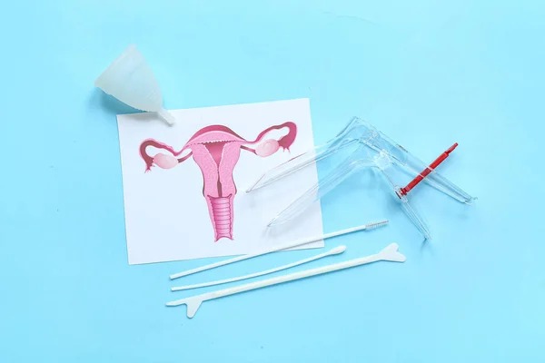 Drawing of uterus with gynecological speculum, pap smear test tools and menstrual cup on blue background