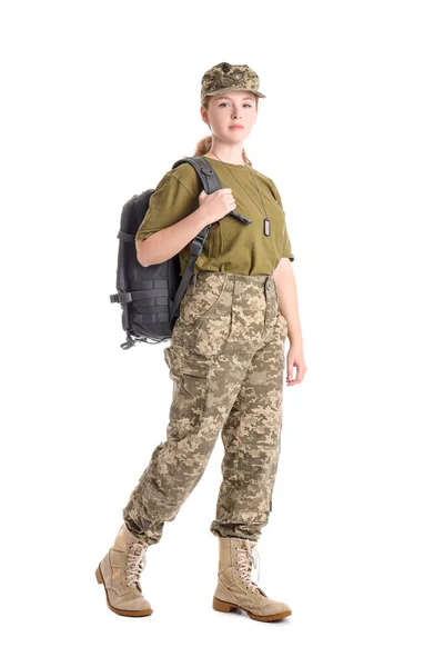 白に孤立した若い女性兵士 — ストック写真