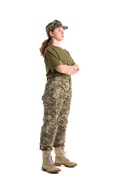 Νεαρή Γυναίκα Στρατιώτης Απομονωμένη Στα Λευκά — Φωτογραφία Αρχείου