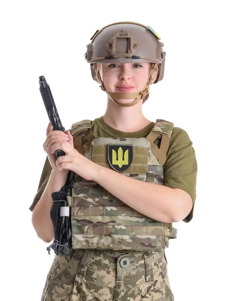 Mladá Žena Voják Pistolí Izolované Bílém — Stock fotografie