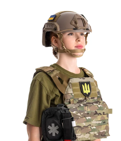 Nuori Nainen Sotilas Eristetty Valkoinen — kuvapankkivalokuva