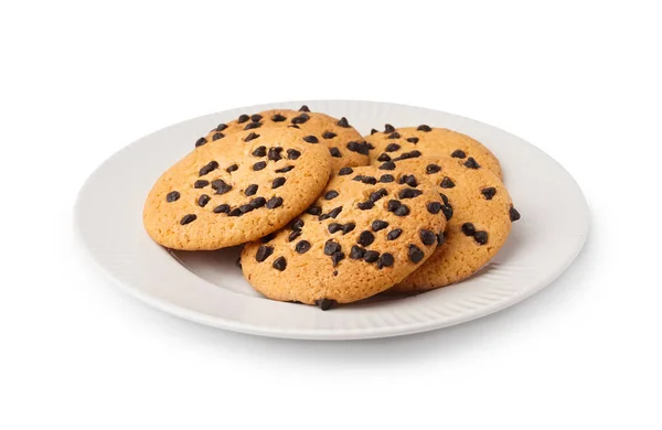 Plate Tasty Cookies Chocolate Chips White Background — Stock Photo, Image