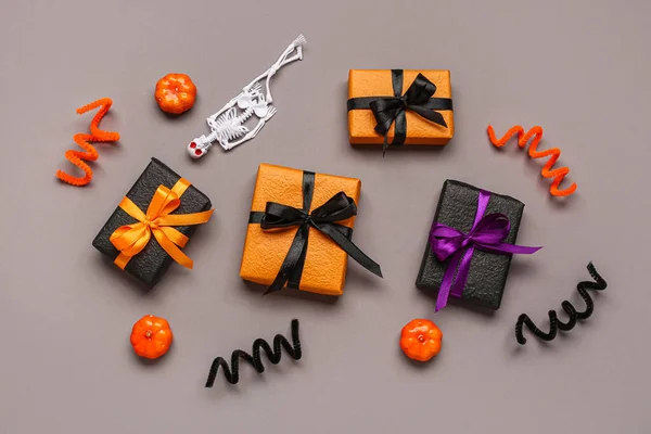 Composition Different Gift Boxes Halloween Decorations Grey Background — Stock Photo, Image