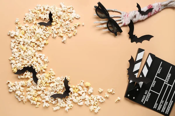 Cadre Popcorn Savoureux Clapperboard Lunettes Chauves Souris Papier Pour Célébration — Photo
