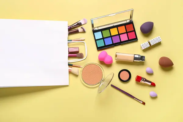 Shopping Bag Makeup Cosmetics Beige Background — Stock Photo, Image