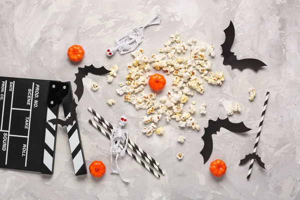Clapet Film Pop Corn Décor Halloween Sur Fond Gris Grunge — Photo