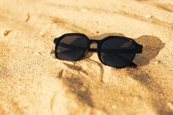 Stylish Black Sunglasses Sand — Stock Photo, Image