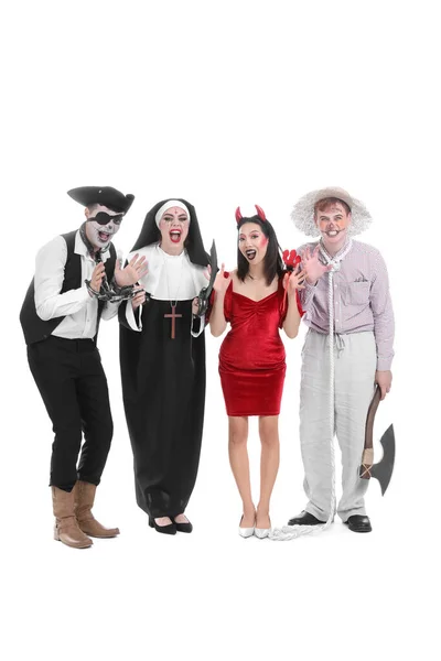 Baráti Társaság Jelmezben Halloween Party Fehér Alapon — Stock Fotó