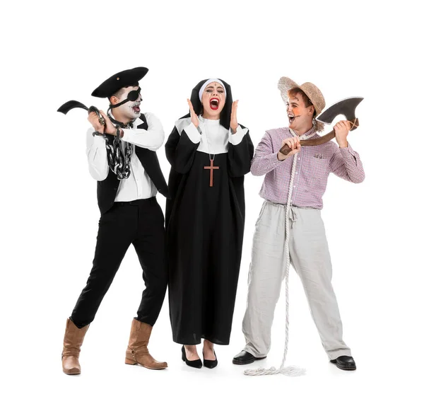 Jonge Vrienden Kostuums Voor Halloween Feest Witte Achtergrond — Stockfoto