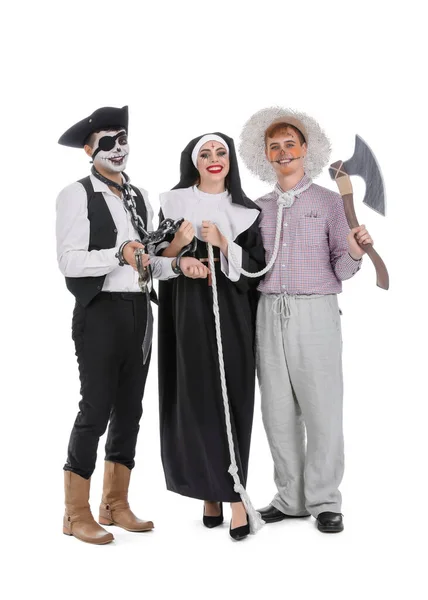 Young Friends Costumes Halloween Party White Background — Stock Photo, Image