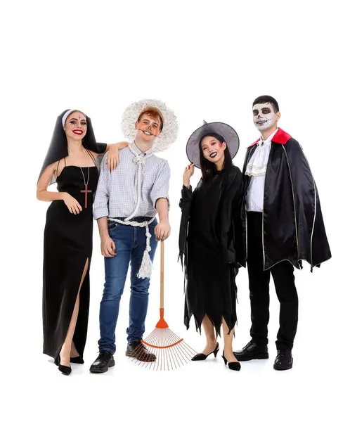 Grupo Amigos Trajes Para Festa Halloween Fundo Branco — Fotografia de Stock