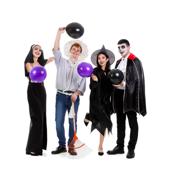 Baráti Társaság Jelmezek Halloween Party Léggömbök Fehér Háttér — Stock Fotó