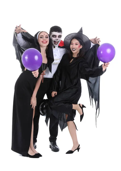 Young Friends Costumes Halloween Party Balloons White Background — Stock Photo, Image