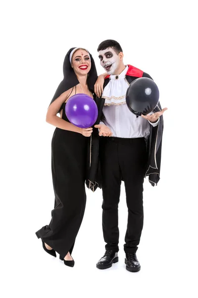 Jong Stel Kostuums Voor Halloween Feest Met Ballonnen Witte Achtergrond — Stockfoto