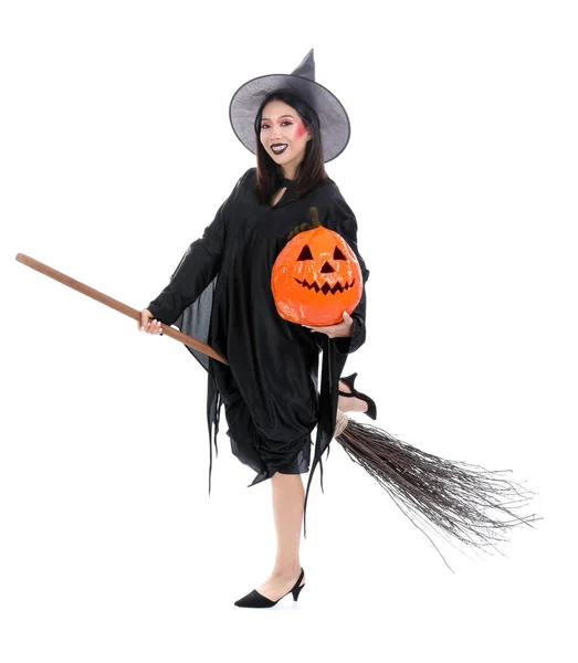 Giovane Donna Asiatica Vestita Halloween Come Strega Con Zucca Sfondo — Foto Stock
