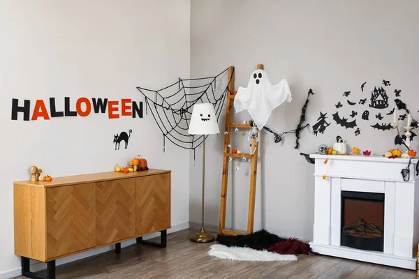 Interior Living Room Decorated Halloween Fireplace Ladder — Stock Photo, Image