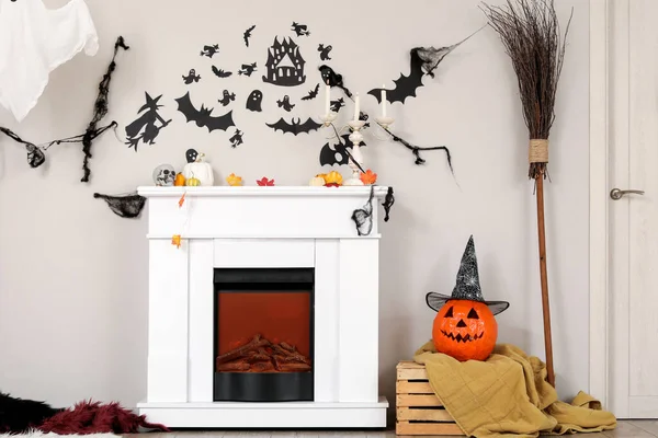 Interior Living Room Decorated Halloween Fireplace — Stock Photo, Image